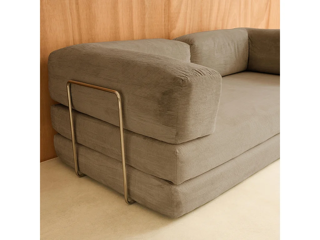 Divano letto futon in velluto a coste e struttura cromata, 3 posti,