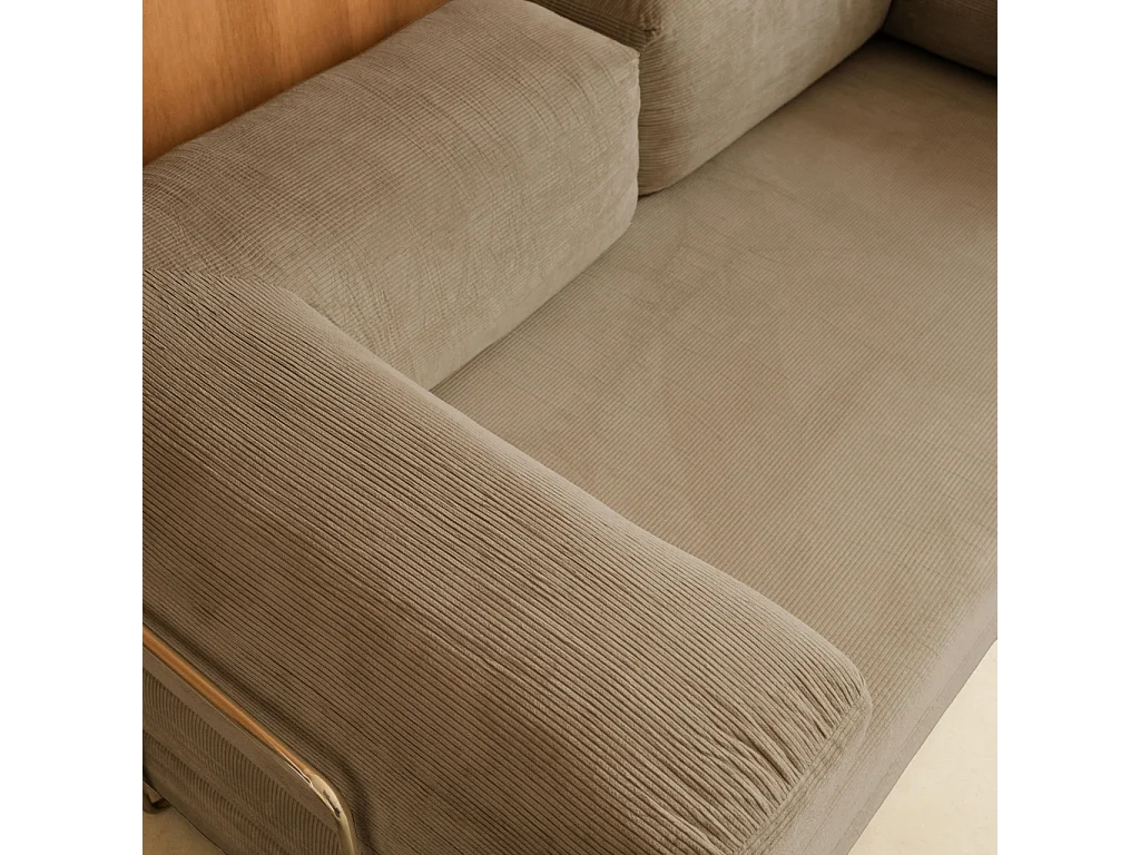 Divano letto futon in velluto a coste e struttura cromata, 3 posti,