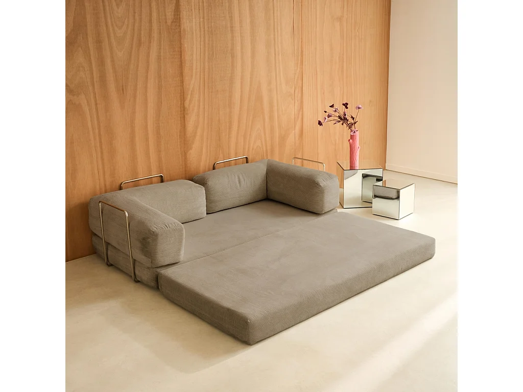 Divano letto futon in velluto a coste e struttura cromata, 3 posti,