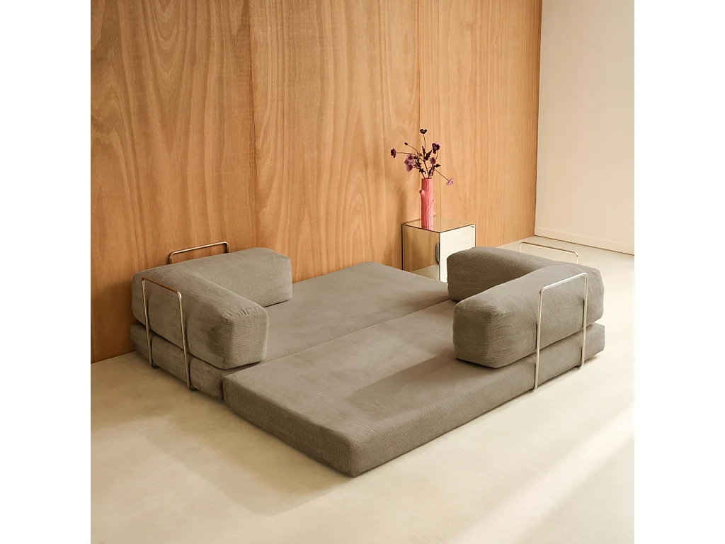 Divano letto futon in velluto a coste e struttura cromata, 3 posti,