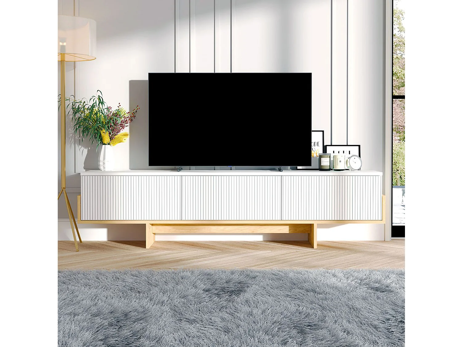 Meuble TV avec placards blanc et bois 180cm WOPI
