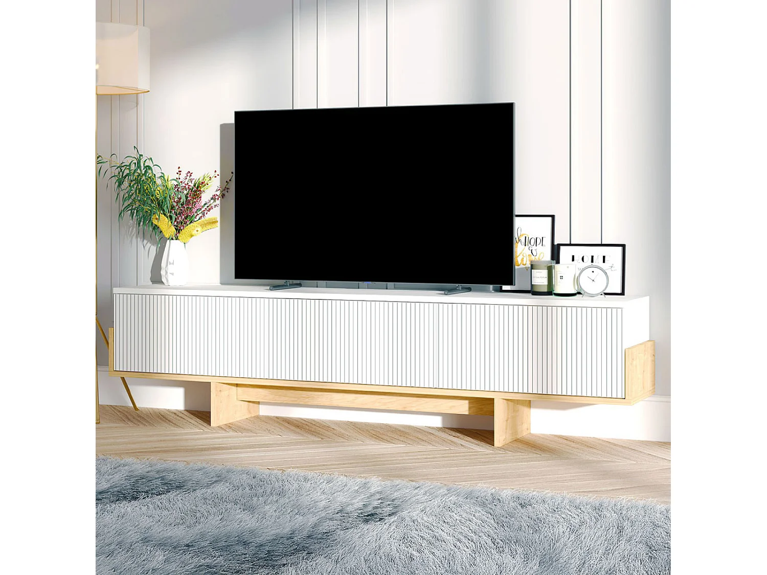 Meuble TV avec placards blanc et bois 180cm WOPI