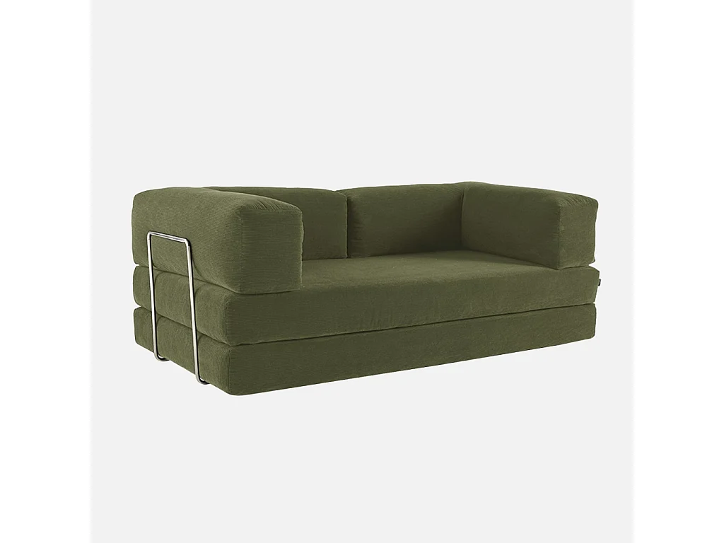 Canapé vintage convertible 3 places en velours côtelé kaki et armatures chromées L 200 x P 100 x H 72cm - Seventies