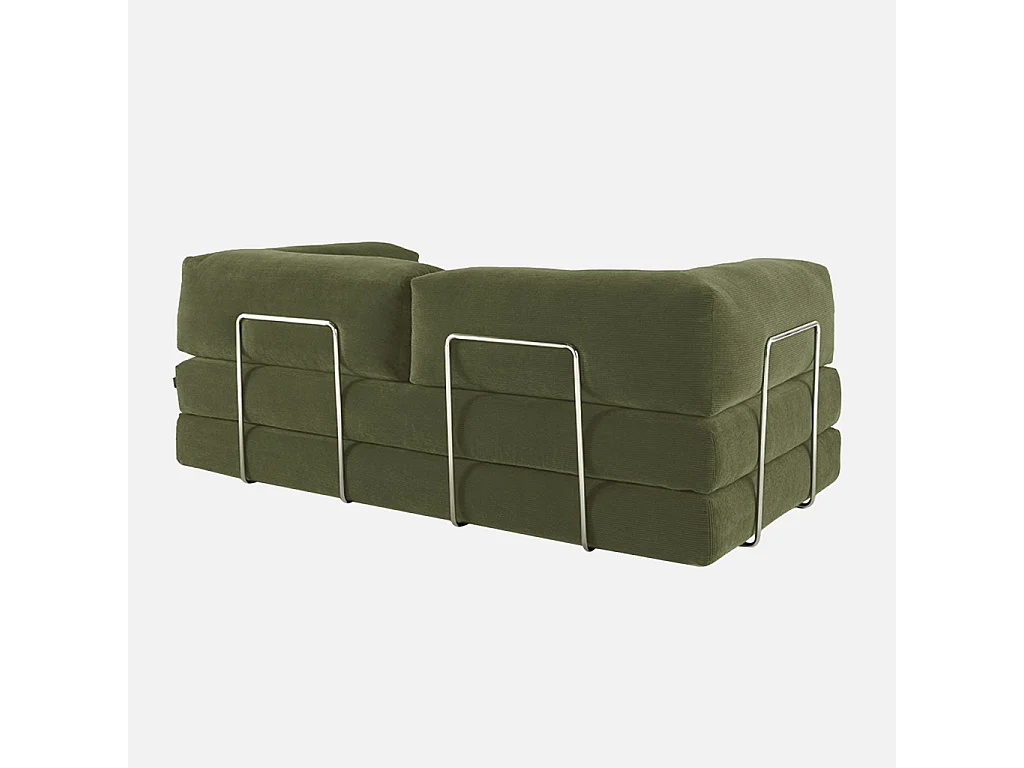 Canapé vintage convertible 3 places en velours côtelé kaki et armatures chromées L 200 x P 100 x H 72cm - Seventies