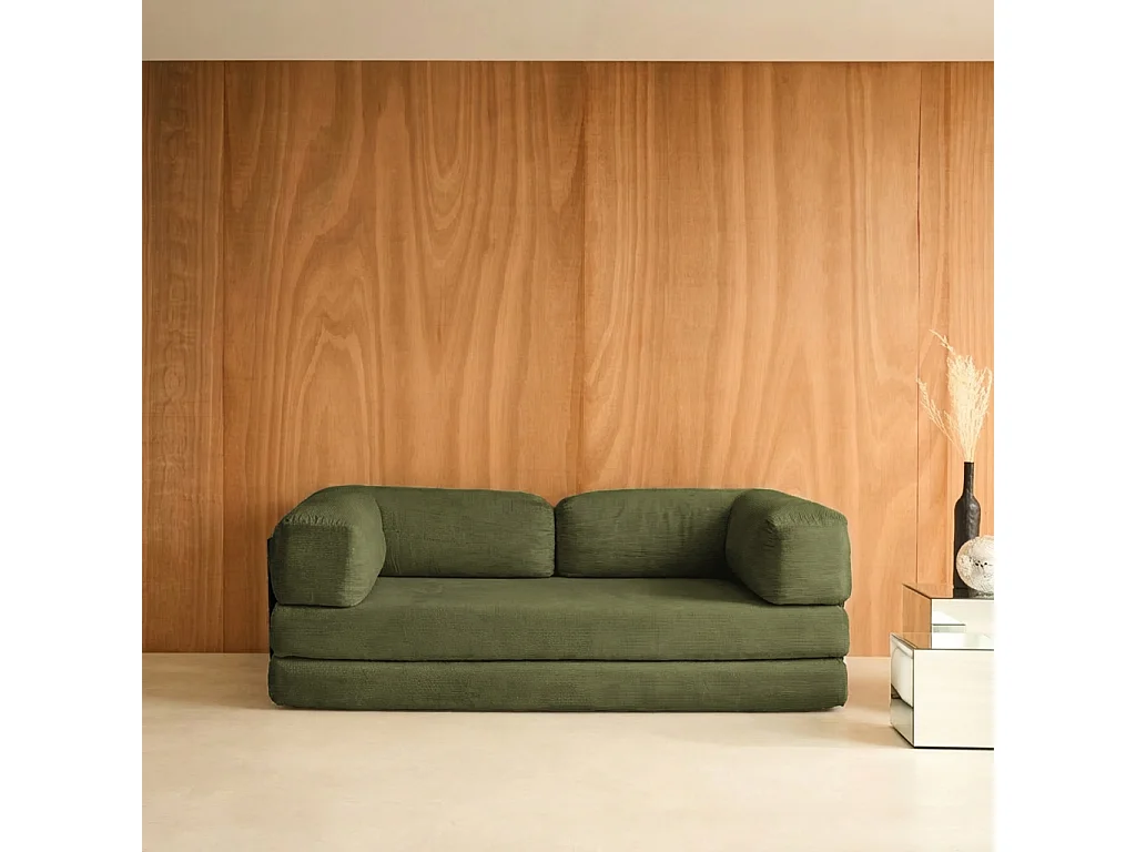 Canapé vintage convertible 3 places en velours côtelé kaki et armatures chromées L 200 x P 100 x H 72cm - Seventies