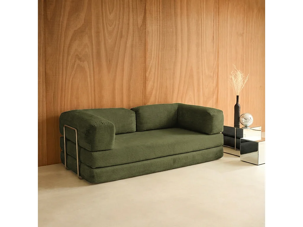 Canapé vintage convertible 3 places en velours côtelé kaki et armatures chromées L 200 x P 100 x H 72cm - Seventies