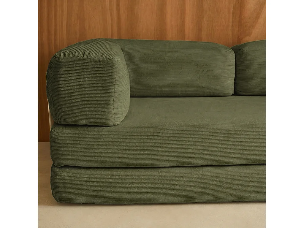 Canapé vintage convertible 3 places en velours côtelé kaki et armatures chromées L 200 x P 100 x H 72cm - Seventies