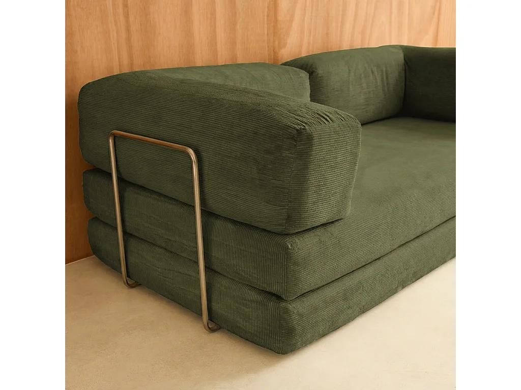 Canapé vintage convertible 3 places en velours côtelé kaki et armatures chromées L 200 x P 100 x H 72cm - Seventies