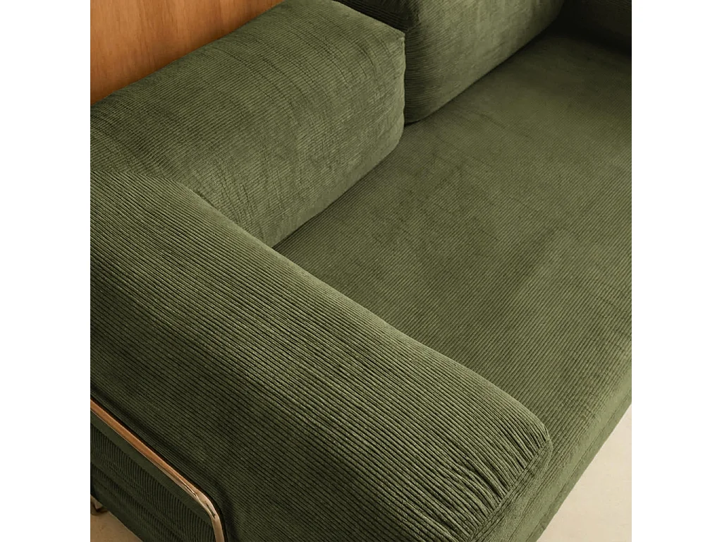 Canapé vintage convertible 3 places en velours côtelé kaki et armatures chromées L 200 x P 100 x H 72cm - Seventies