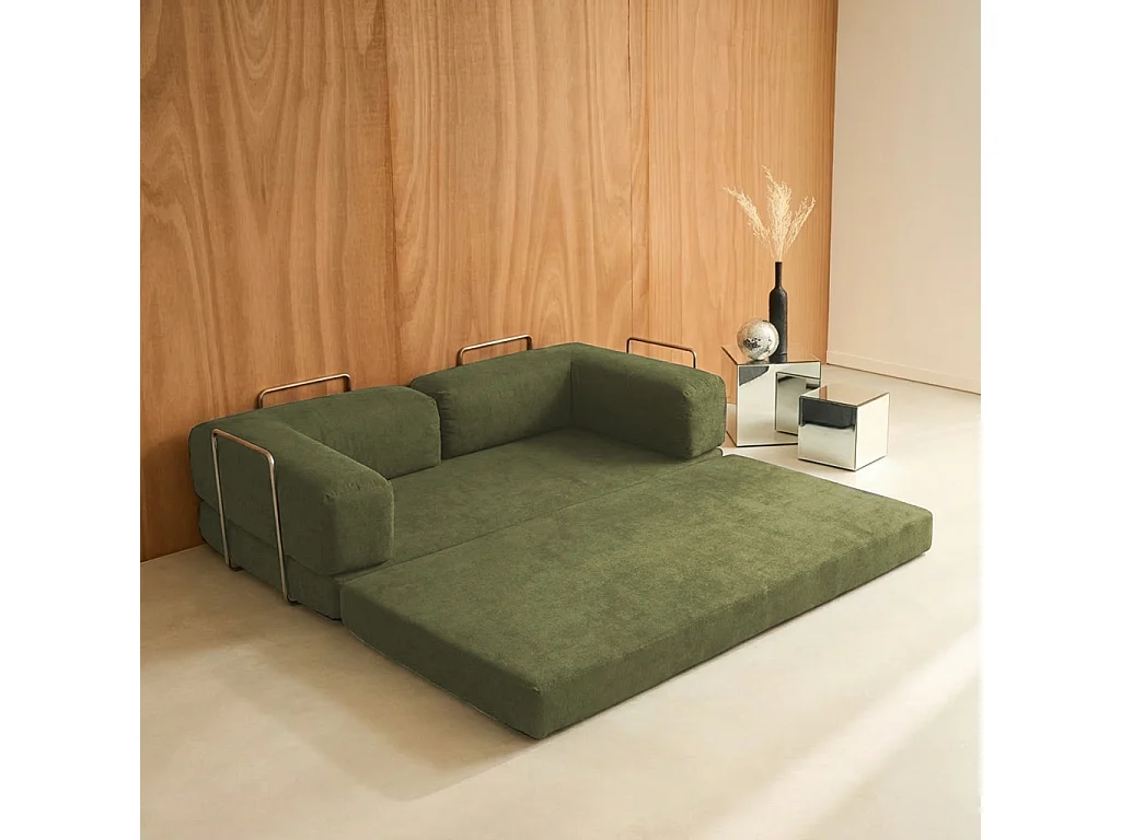 Canapé vintage convertible 3 places en velours côtelé kaki et armatures chromées L 200 x P 100 x H 72cm - Seventies