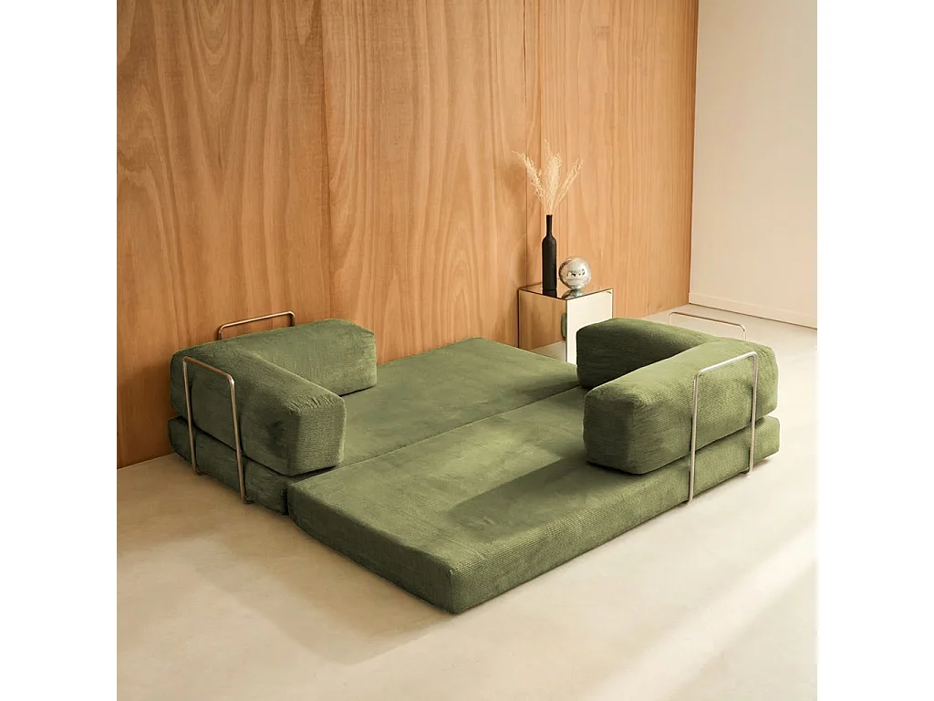 Canapé vintage convertible 3 places en velours côtelé kaki et armatures chromées L 200 x P 100 x H 72cm - Seventies