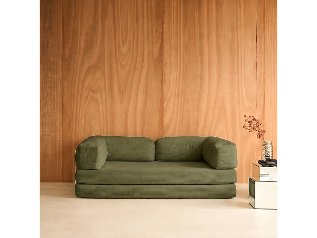 Canapé convertible 3 places en velours côtelé kaki SEVENTIES 200x100x72 cm