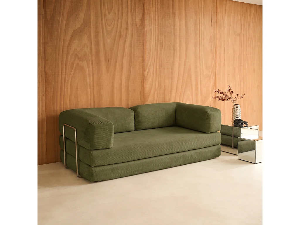 Canapé convertible 3 places en velours côtelé kaki SEVENTIES 200x100x72 cm