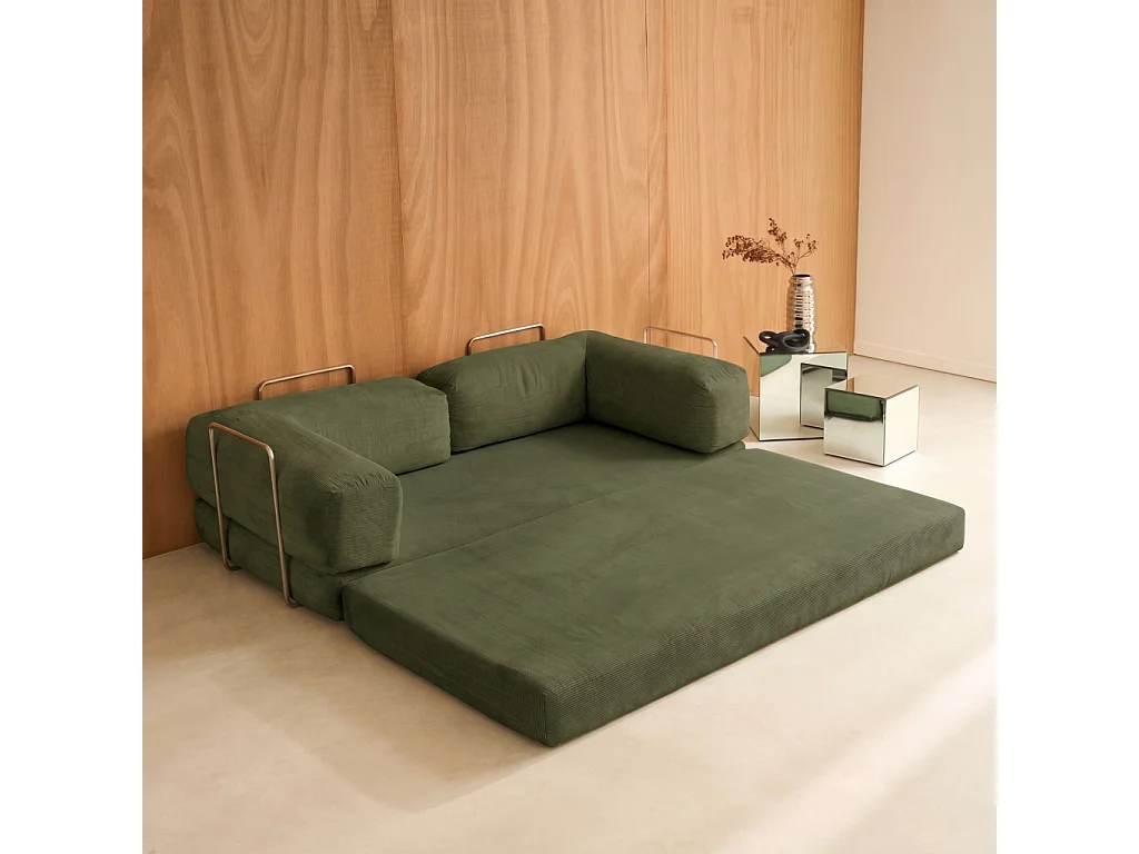 Canapé convertible 3 places en velours côtelé kaki SEVENTIES 200x100x72 cm