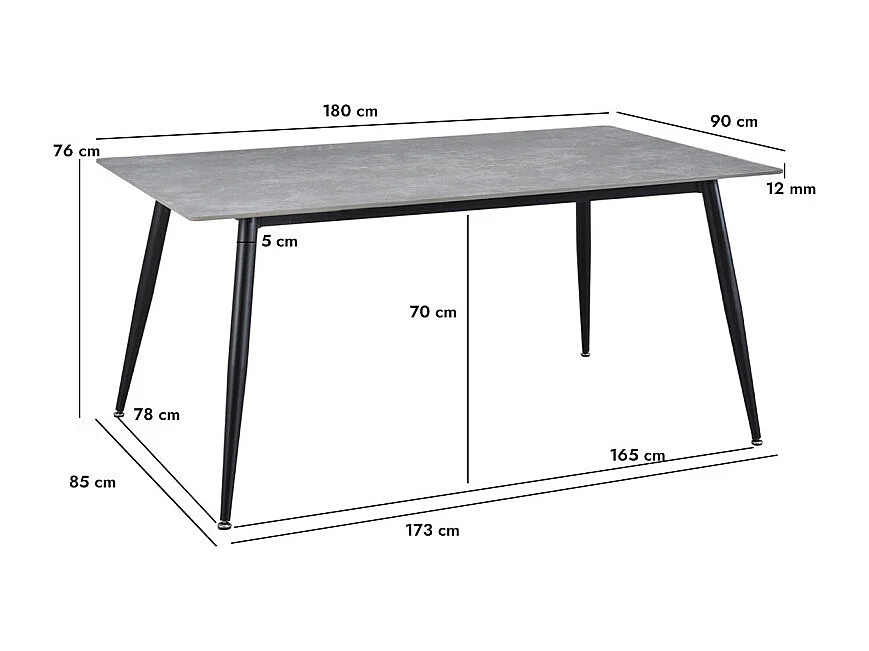 Table 180 x 90 cm en céramique gris béton pieds métal - RYDER 2