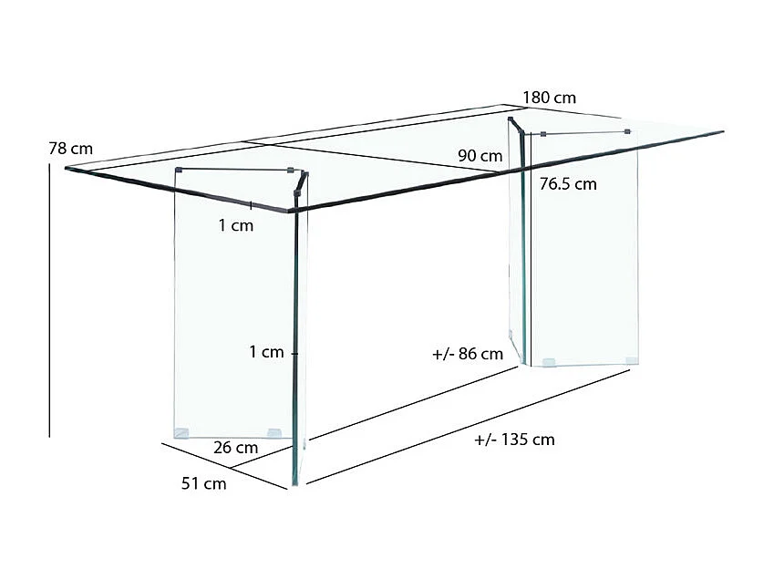 Table de repas 180 x 90 cm avec plateau et pieds en verre trempé - ICE