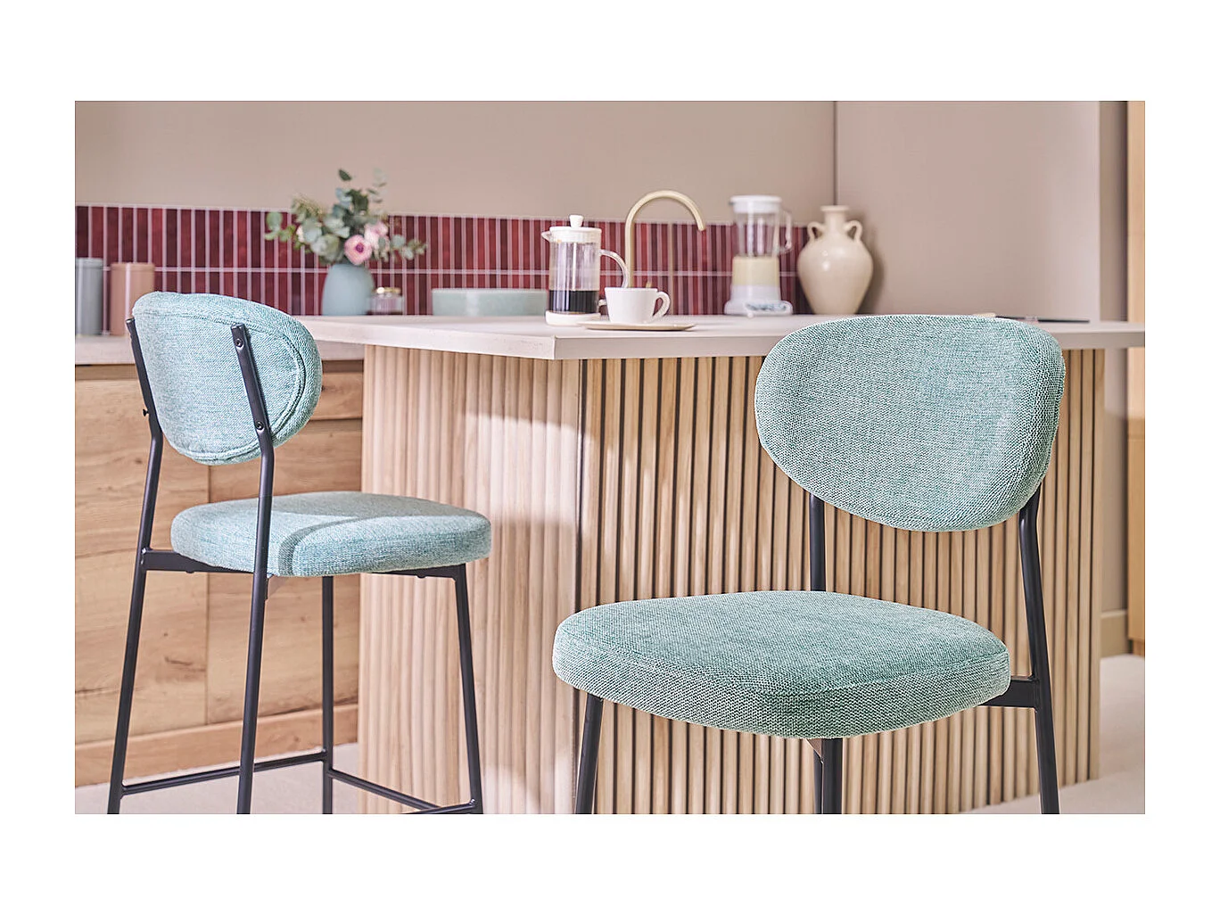 Taburetes de bar fijos de terciopelo texturizado celadón H65 cm (juego de 2) BREKA