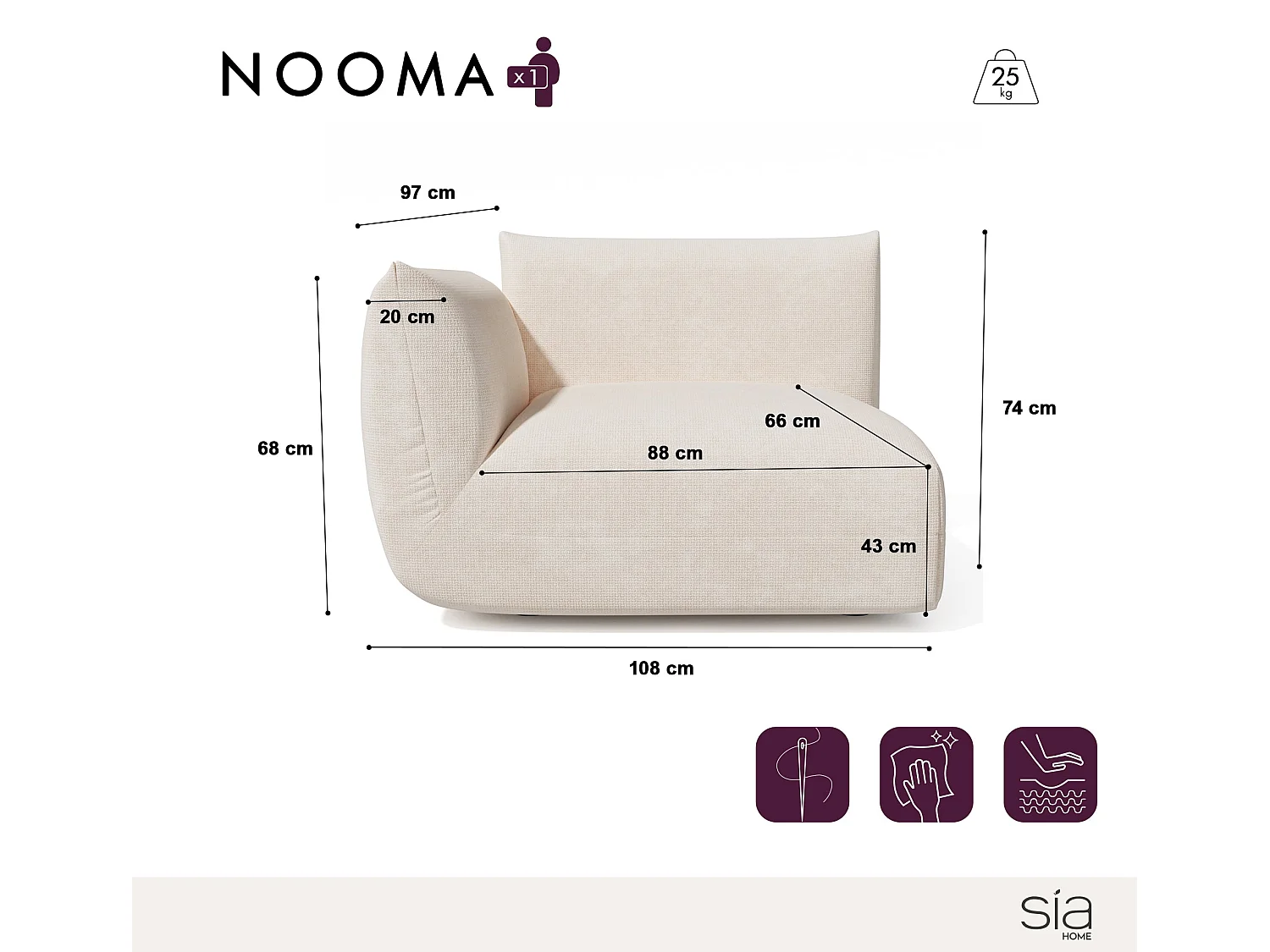 Module d'angle gauche velours chenillé crème NOOMA