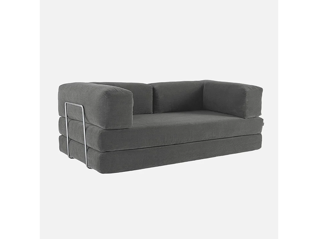 Canapé vintage convertible 3 places en velours côtelé gris et armatures chromées L 200 x P 100 x H 72cm - Seventies