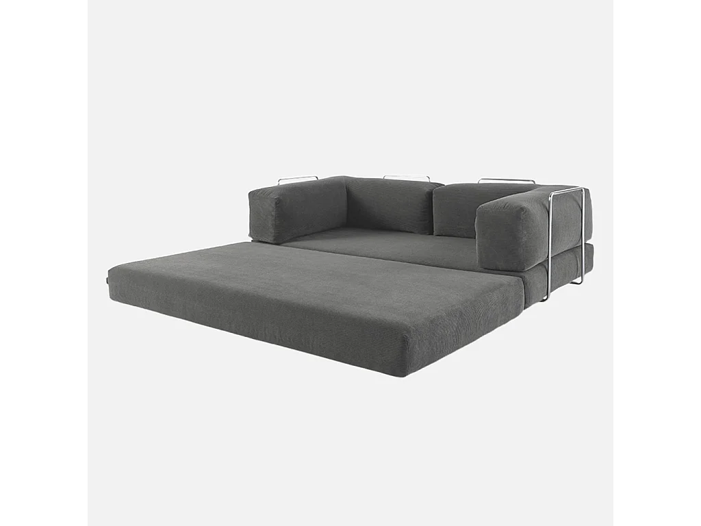 Canapé vintage convertible 3 places en velours côtelé gris et armatures chromées L 200 x P 100 x H 72cm - Seventies