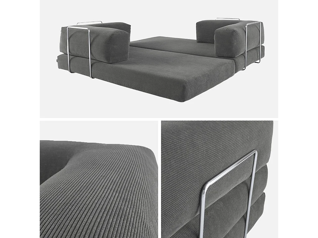 Canapé vintage convertible 3 places en velours côtelé gris et armatures chromées L 200 x P 100 x H 72cm - Seventies