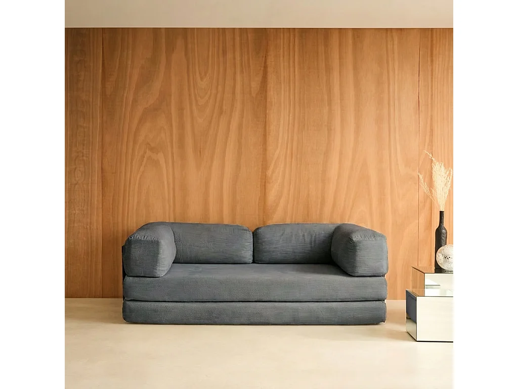 Divano letto futon in velluto a coste e struttura cromata, 3 posti,
