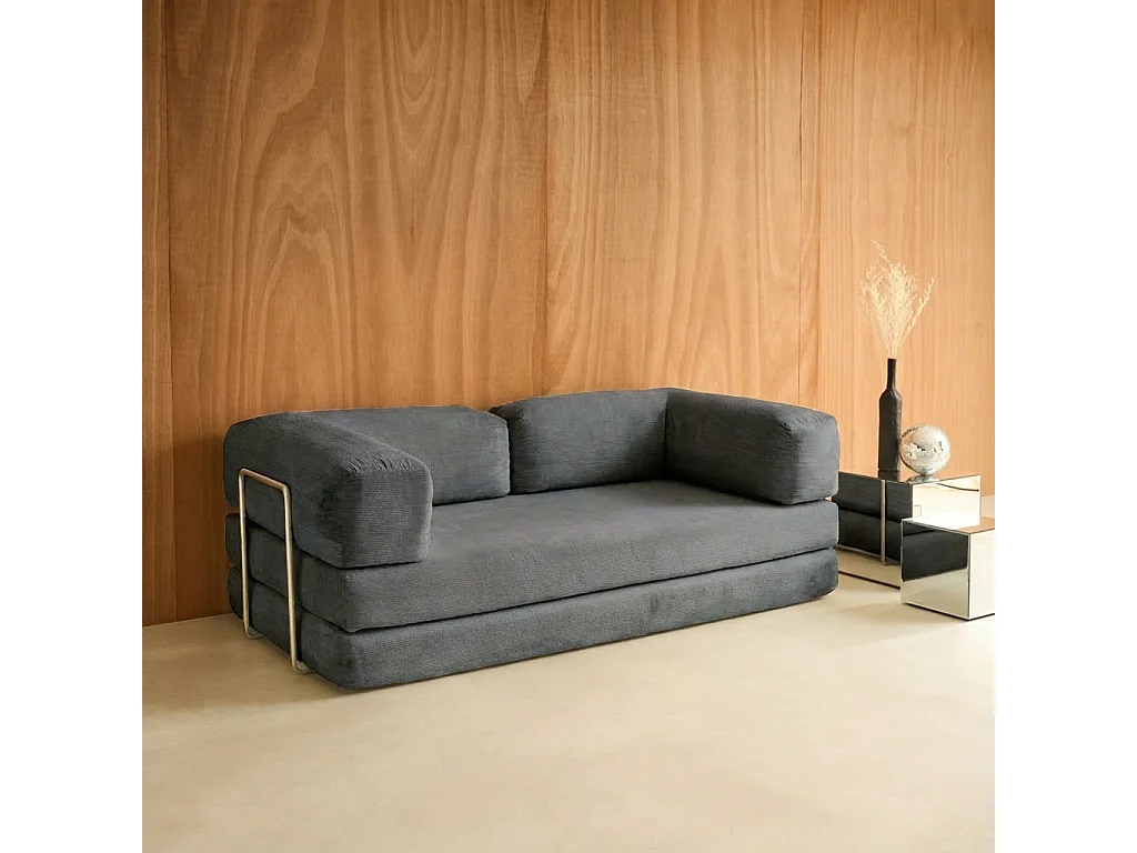 Divano letto futon in velluto a coste e struttura cromata, 3 posti,