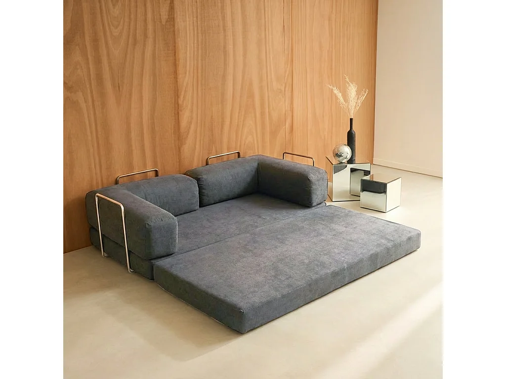 Divano letto futon in velluto a coste e struttura cromata, 3 posti,