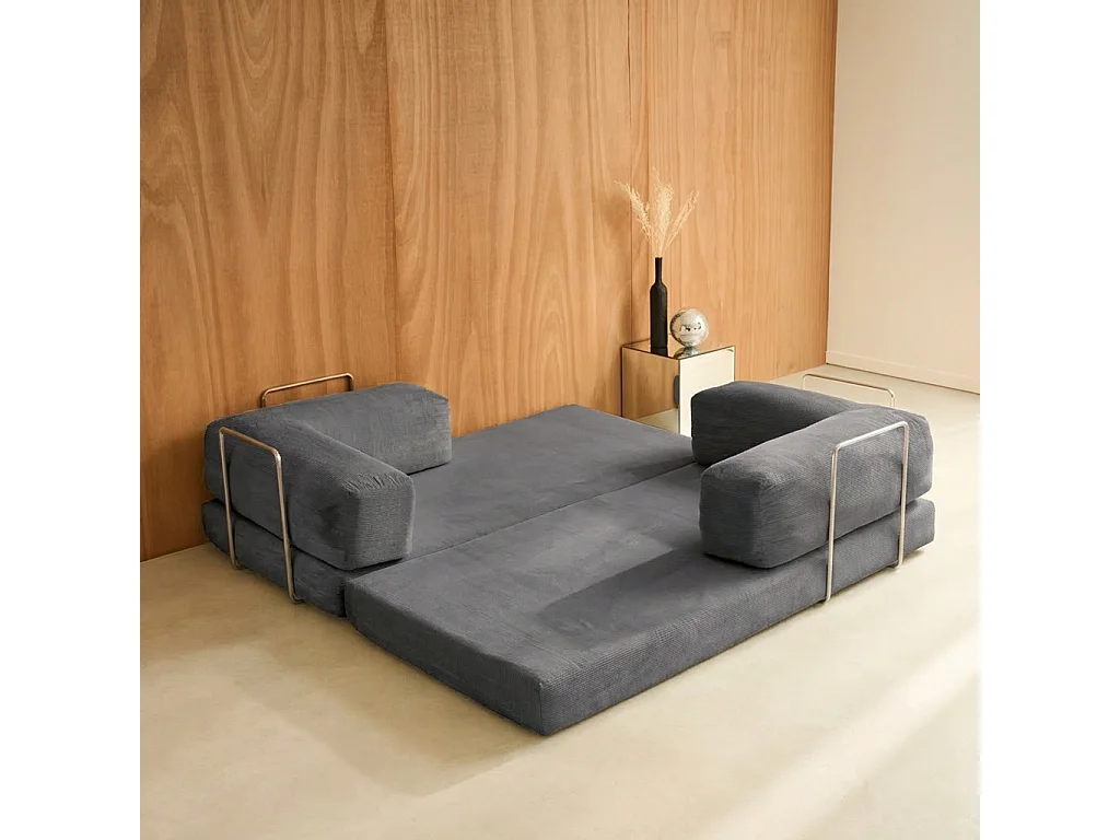 Divano letto futon in velluto a coste e struttura cromata, 3 posti,