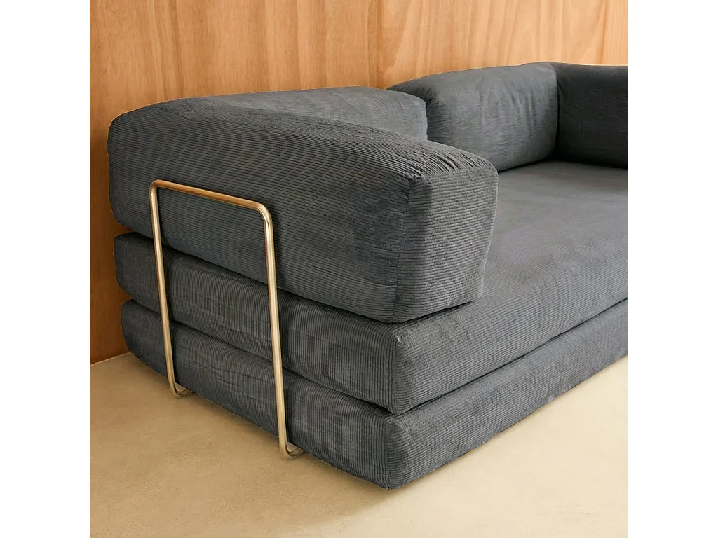 Divano letto futon in velluto a coste e struttura cromata, 3 posti,