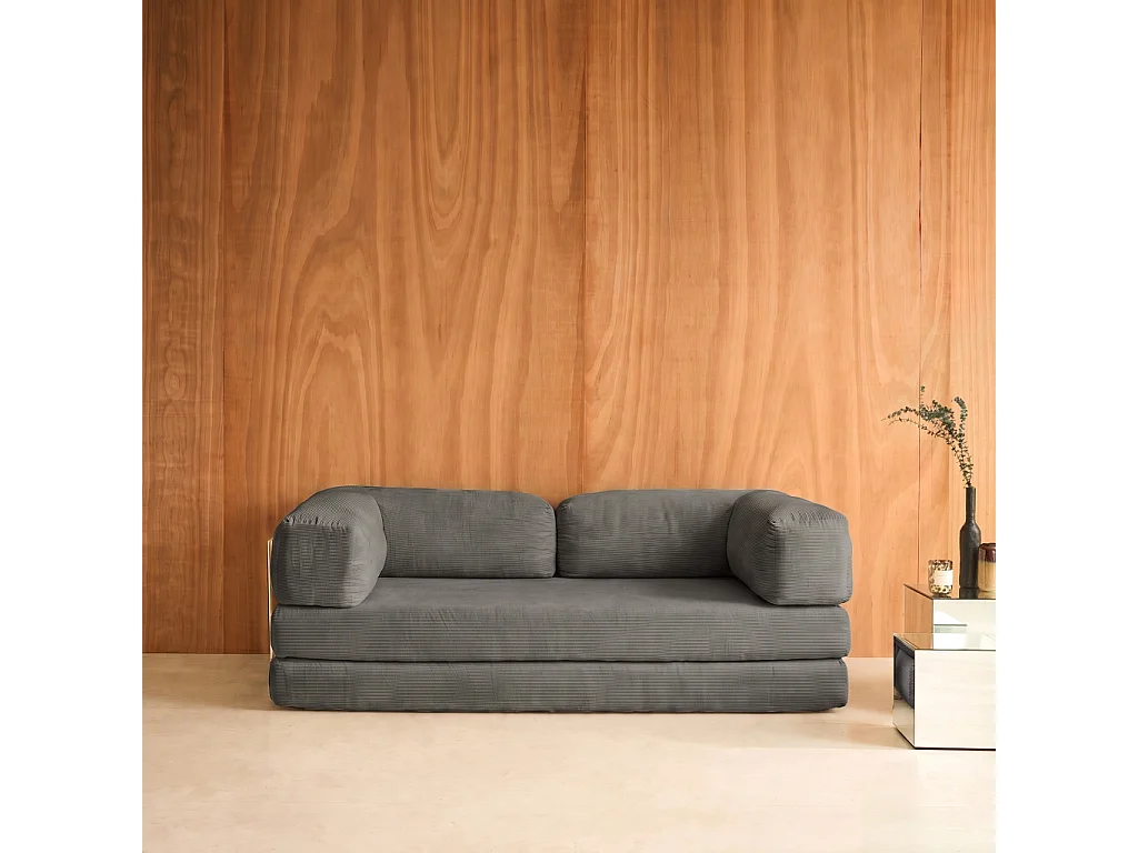 Sofá cama con futón plegable en pana y estructura cromada, 3 plazas