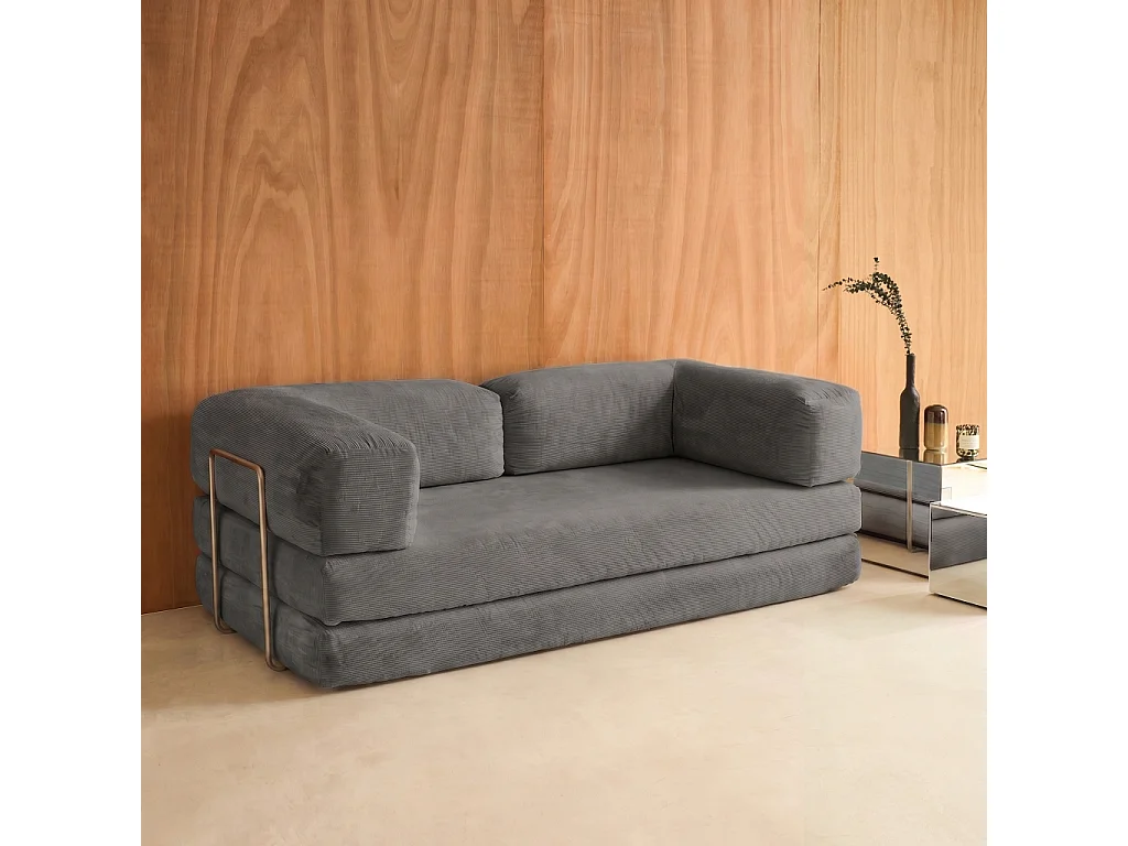 Sofá cama con futón plegable en pana y estructura cromada, 3 plazas