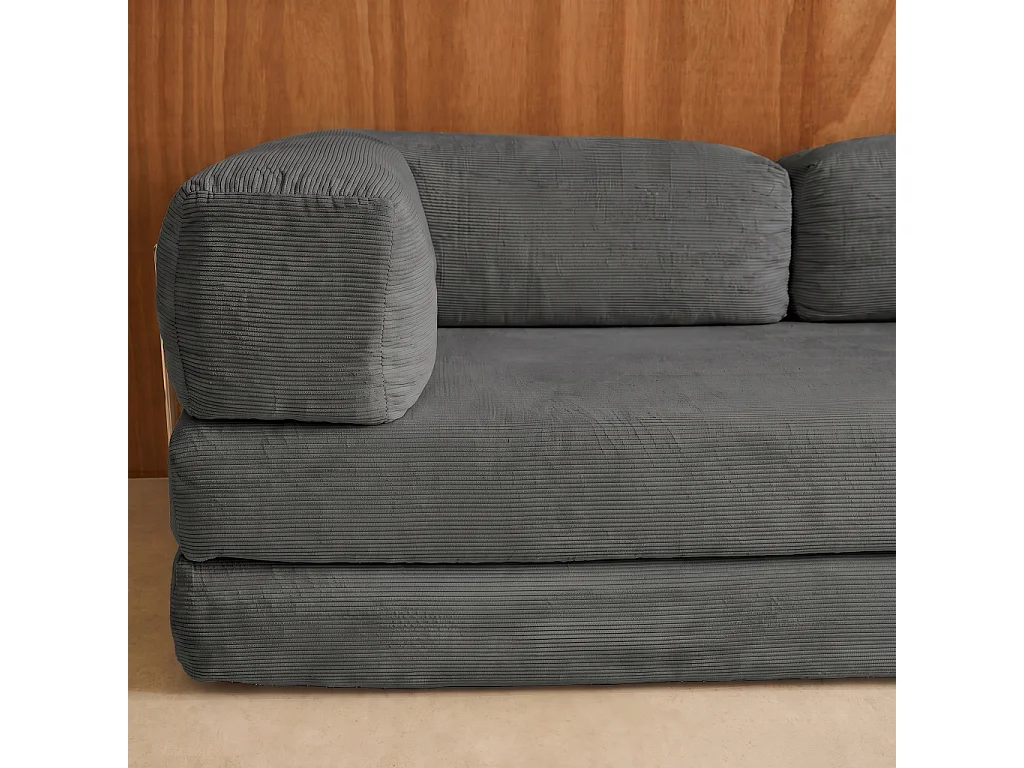Sofá cama con futón plegable en pana y estructura cromada, 3 plazas