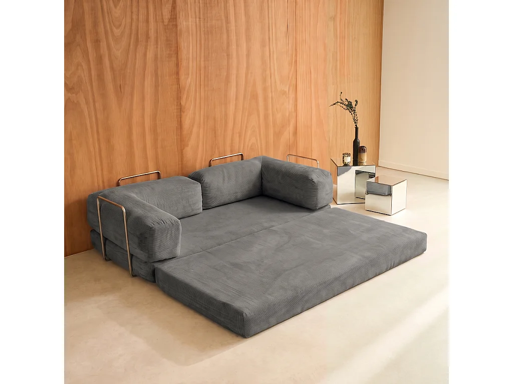 Sofá cama con futón plegable en pana y estructura cromada, 3 plazas