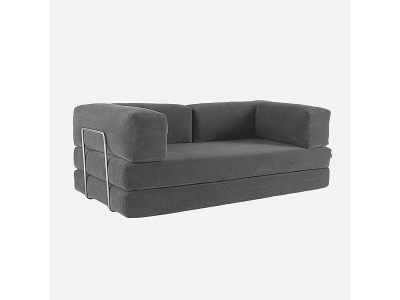 Canapé vintage convertible 3 places en velours côtelé gris et armatures chromées L 200 x P 100 x H 72cm - Seventies