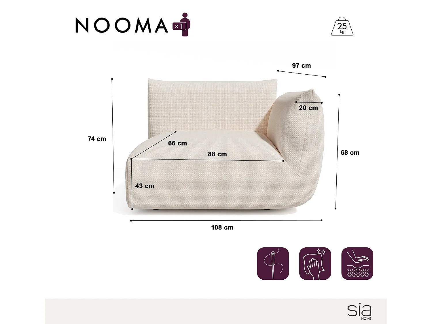 Module d'angle droit NOOMA en velours chenillé crème 108x97cm