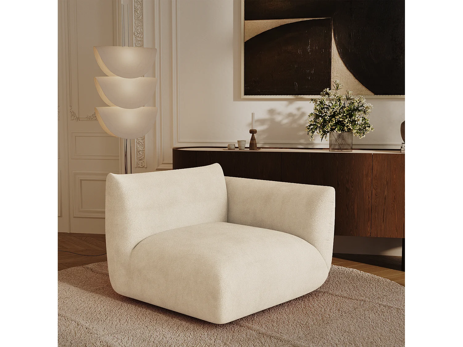 Module d'angle droit NOOMA en velours chenillé crème 108x97cm