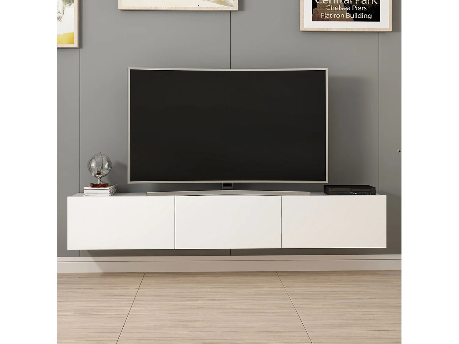 Meuble TV suspendu avec placards blanc 180cm PARY