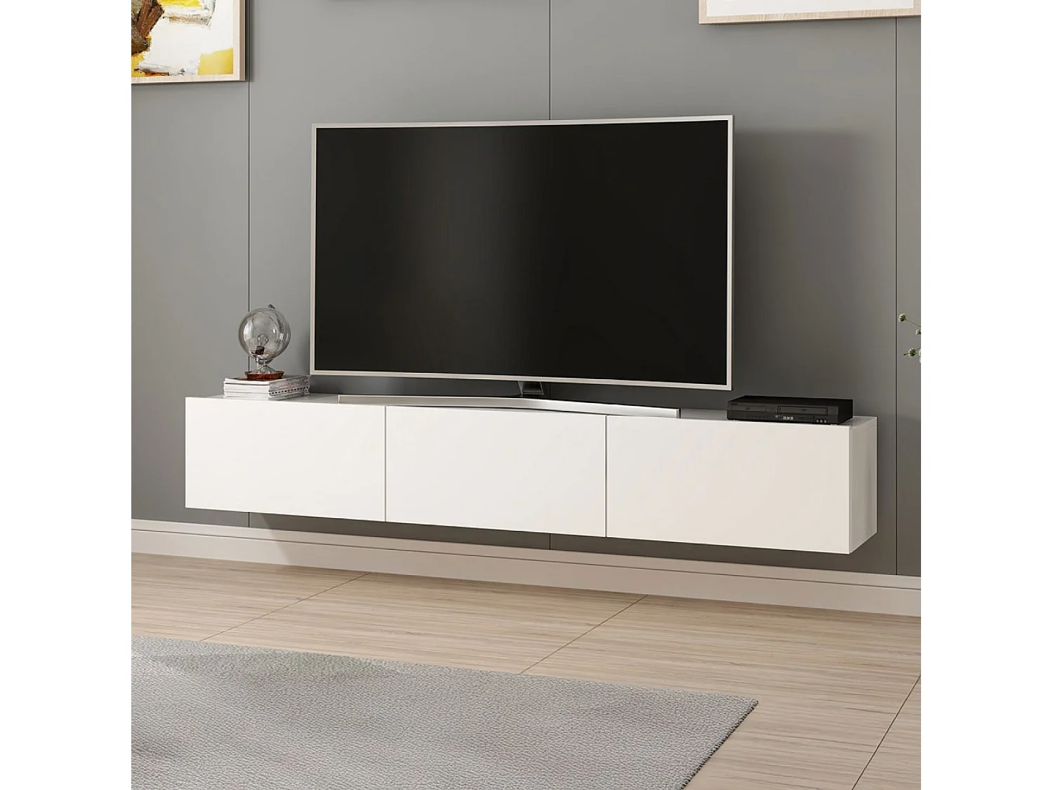 Meuble TV suspendu avec placards blanc 180cm PARY