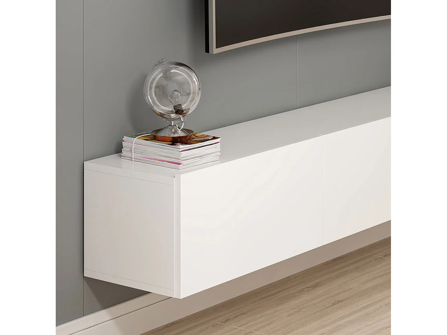 Meuble TV suspendu avec placards blanc 180cm PARY