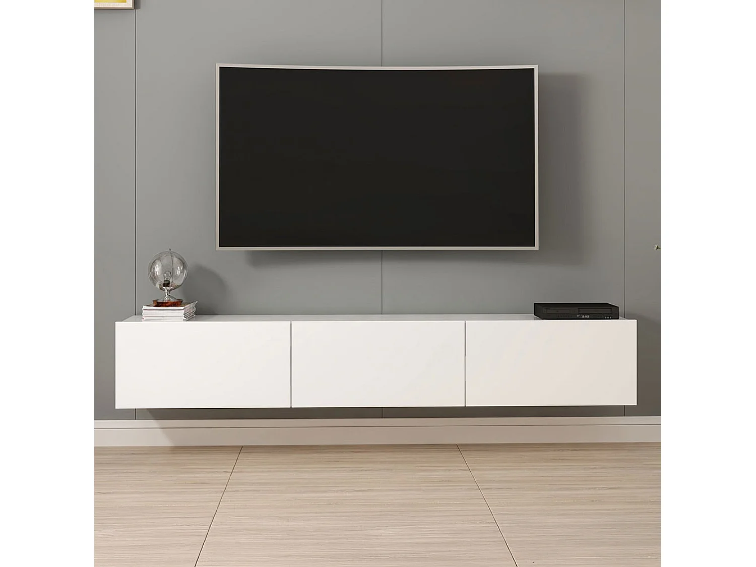 Meuble TV suspendu avec placards blanc 180cm PARY