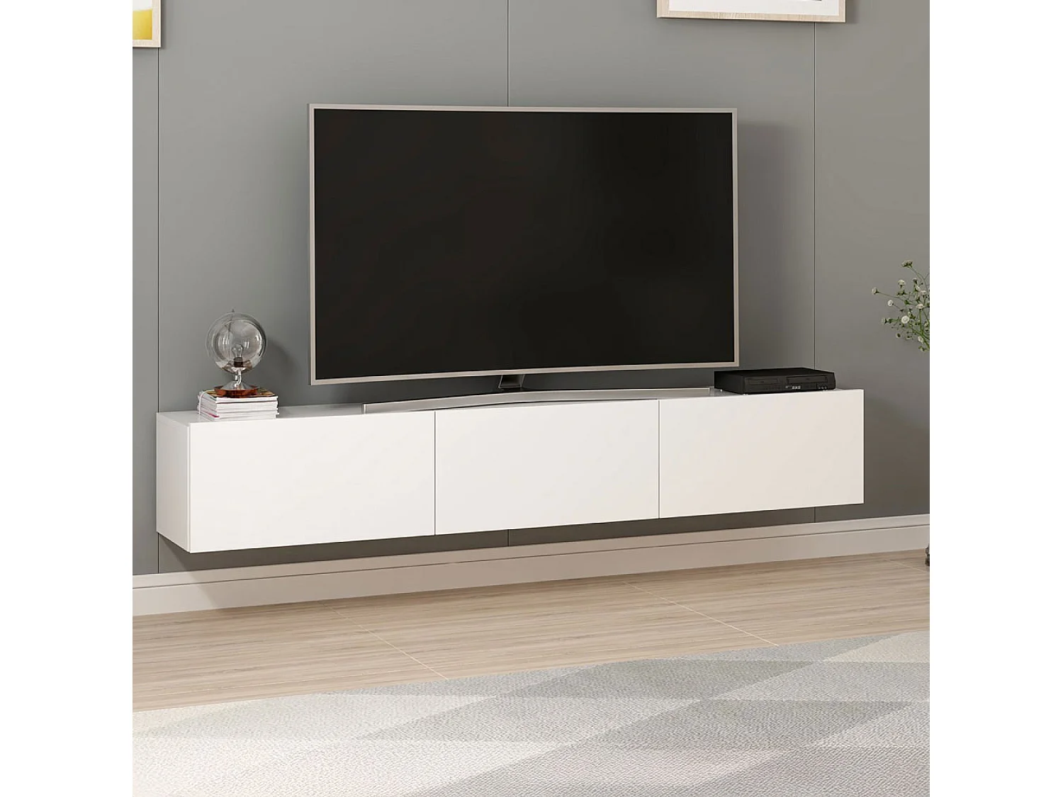 Meuble TV suspendu avec placards blanc 180cm PARY