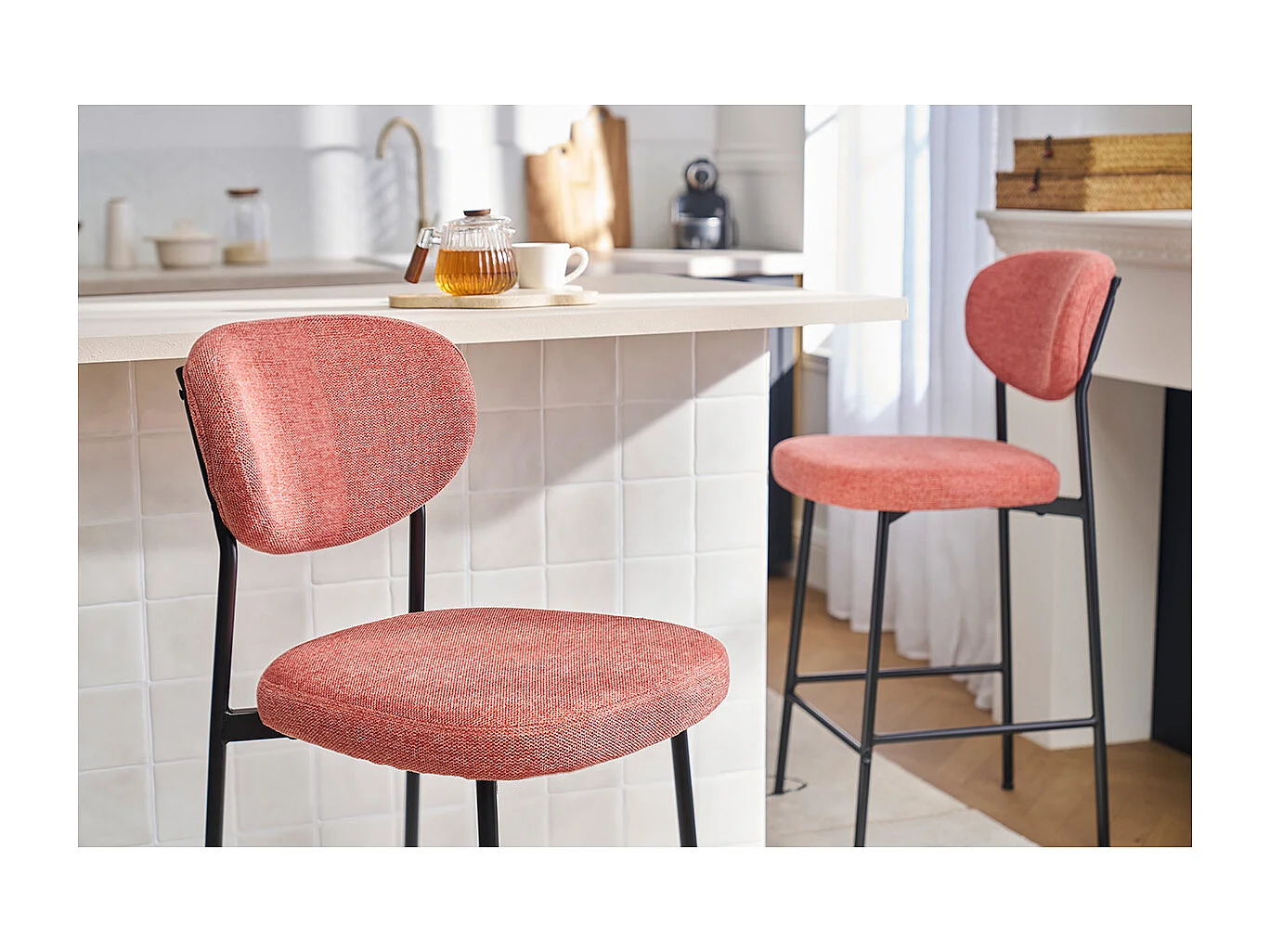 Taburetes de bar fijos de tela con efecto terciopelo texturizado terracota H65 cm (lote de 2) BREKA