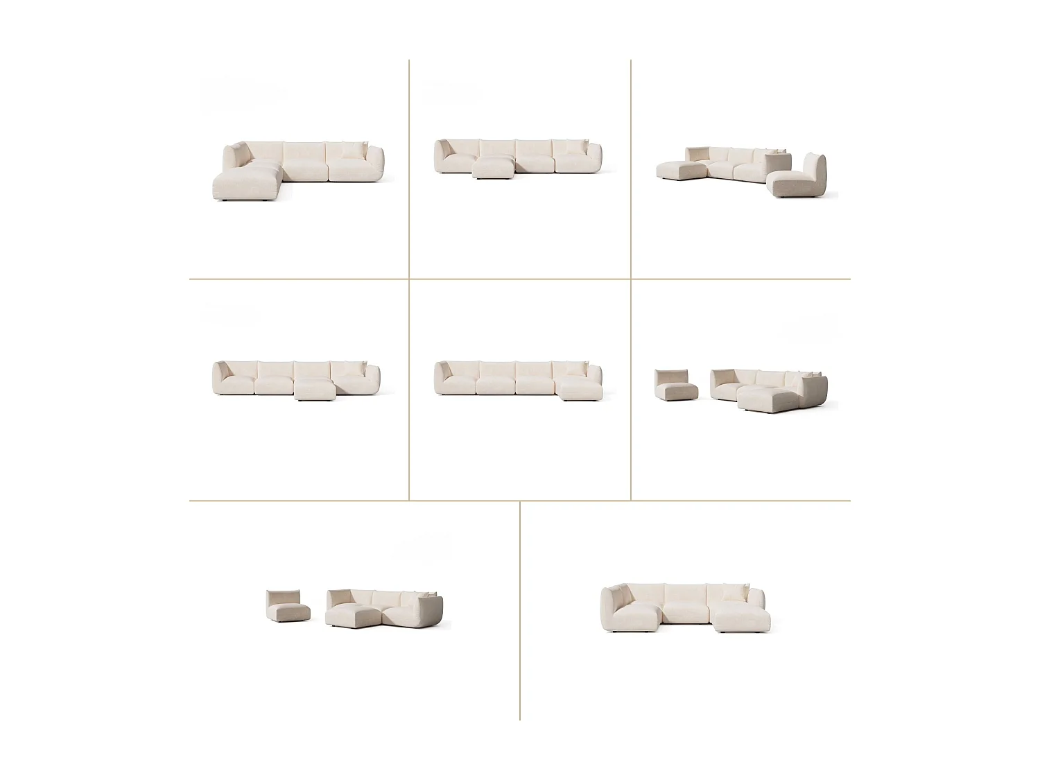 Canapé grand angle gauche modulable 7 places velours chenillé crème NOOMA