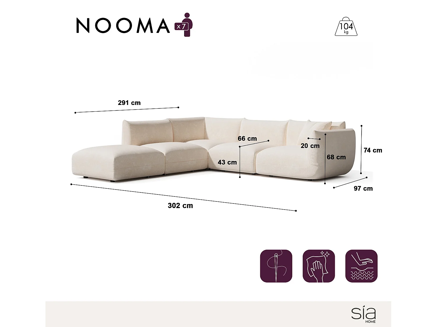 Canapé grand angle gauche modulable 7 places velours chenillé crème NOOMA