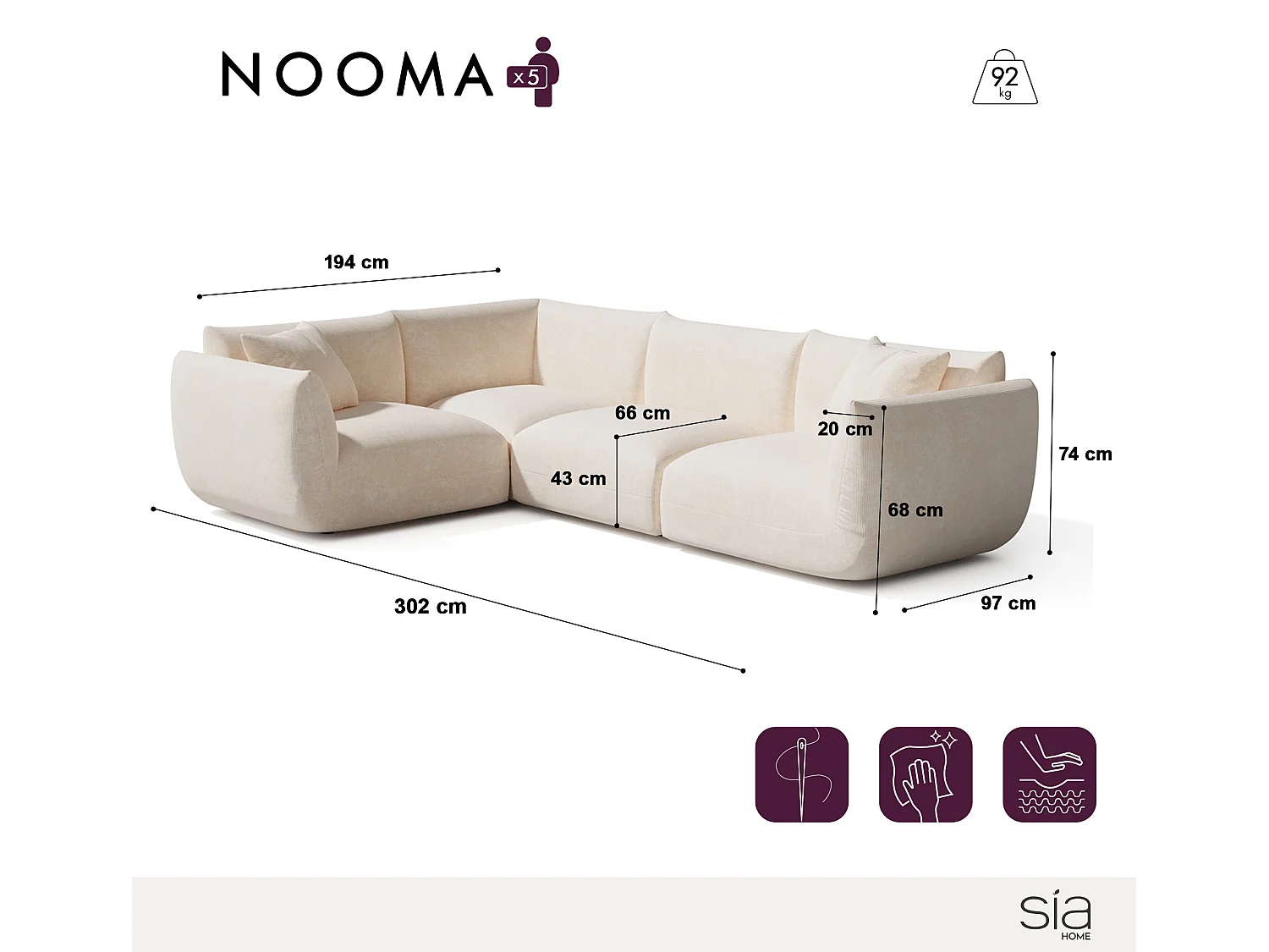 Canapé d'angle gauche modulable 5-6 places velours chenillé crème NOOMA
