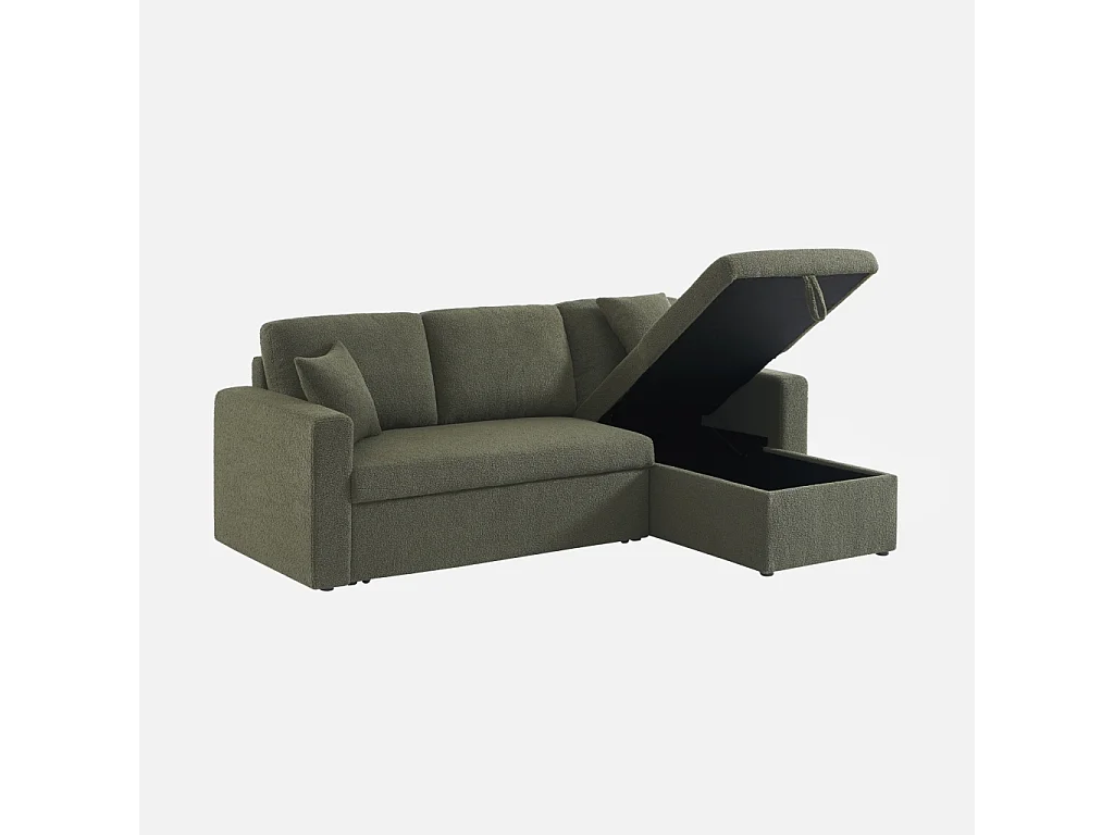 Canapé d'angle convertible en tissu bouclettes kaki - IDA - 3 places. fauteuil d'angle réversible coffre rangement lit modulable