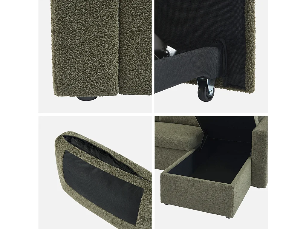 Canapé d'angle convertible en tissu bouclettes kaki - IDA - 3 places. fauteuil d'angle réversible coffre rangement lit modulable