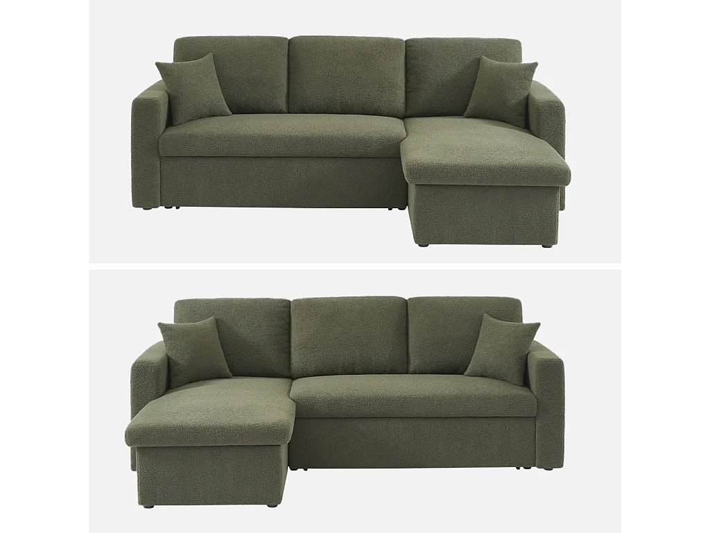 Canapé d'angle convertible en tissu bouclettes kaki - IDA - 3 places. fauteuil d'angle réversible coffre rangement lit modulable