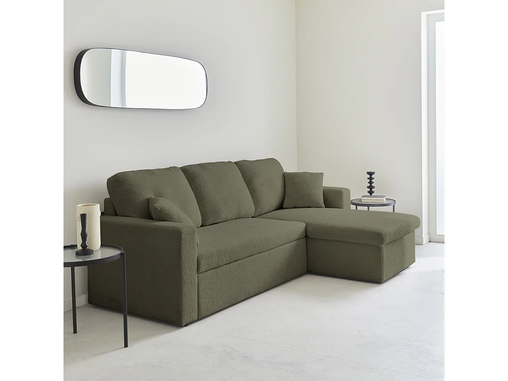 Canapé d'angle convertible en tissu bouclettes kaki - IDA - 3 places. fauteuil d'angle réversible coffre rangement lit modulable